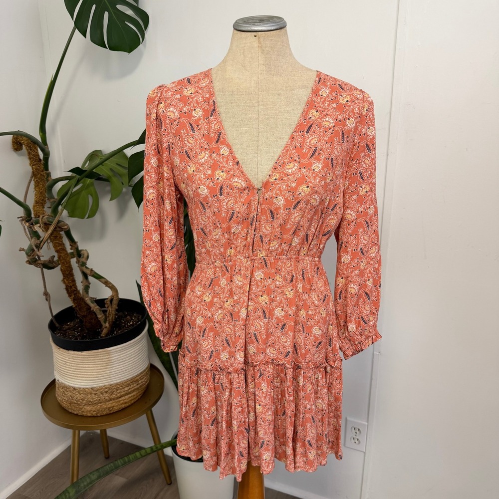 Altar'd State Kira Mini Dress Small Orange Paisley Floral Boho Tiered V-Neck